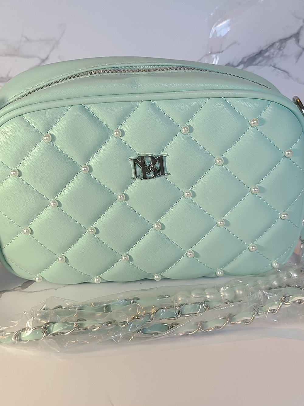 Badgley Mischka Quilted Pearl Crossbody in Mint with Silver Hardware